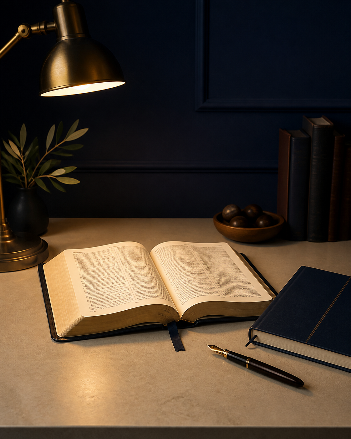 Composición editorial con Biblia abierta, libreta y pluma