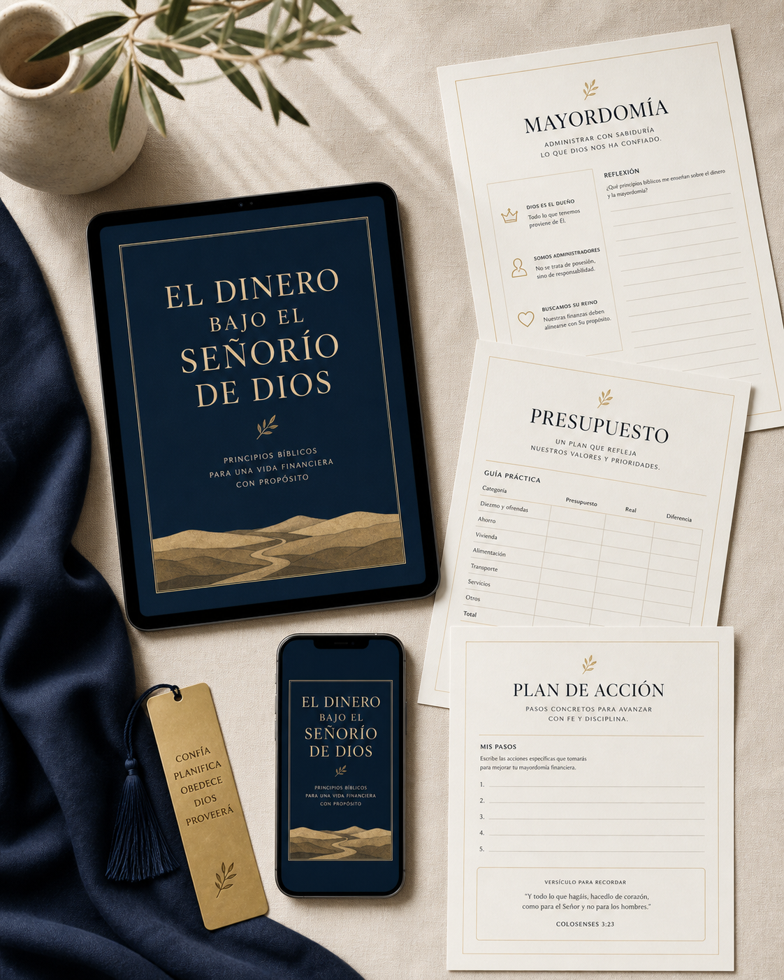 Vista del eBook en tableta y celular junto a páginas prácticas de mayordomía y presupuesto