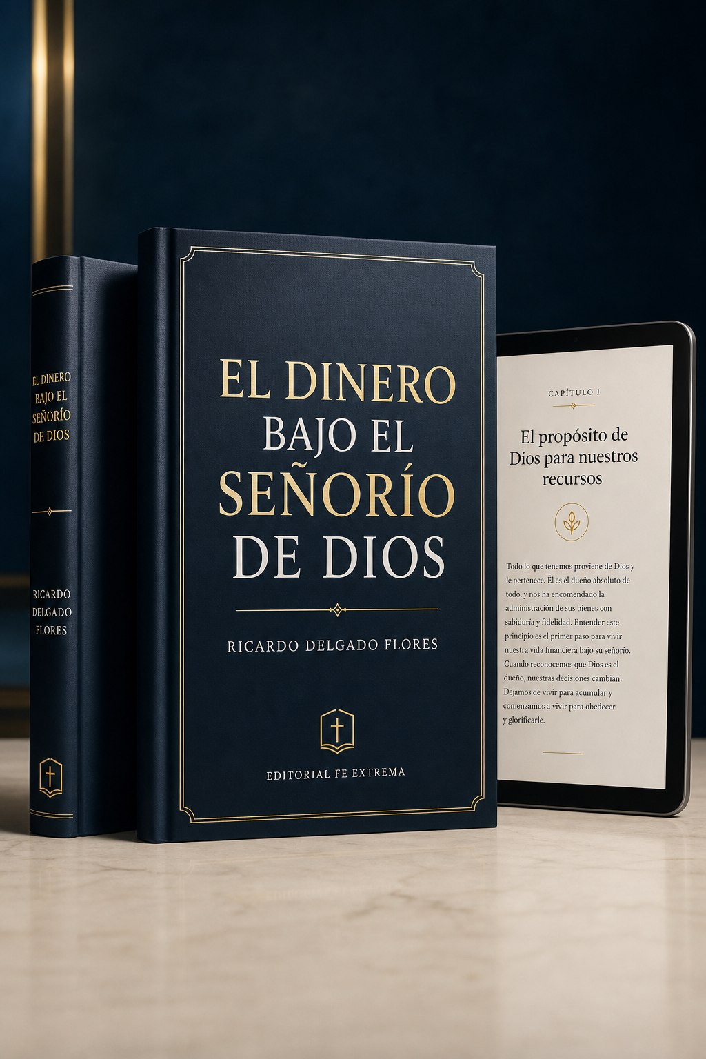 Mockup del eBook El dinero bajo el señorío de Dios junto a una tableta